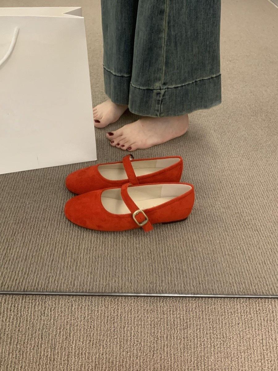 

Simple and versatile word with round head suede Mary Jane shoes are versatile and not tired of feet, flat bottom Doudou ballet single shoes women 35