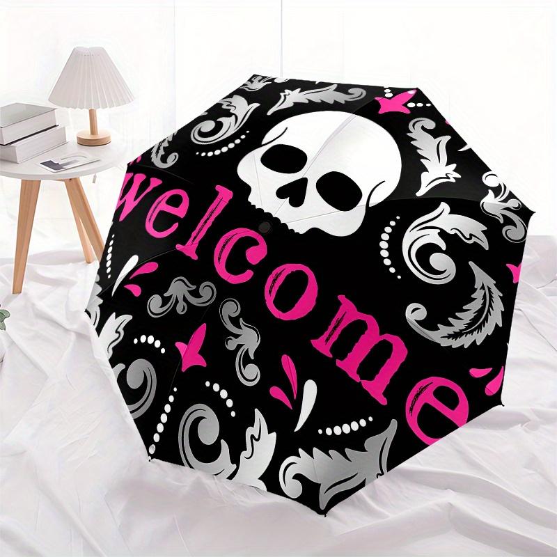 Skull Automatic Folding Umbrella 8 Ribs, Durable Iron Frame, Bright Color Pattern Compact Travel Umbrella, Suitable for Outdoor, Beach and