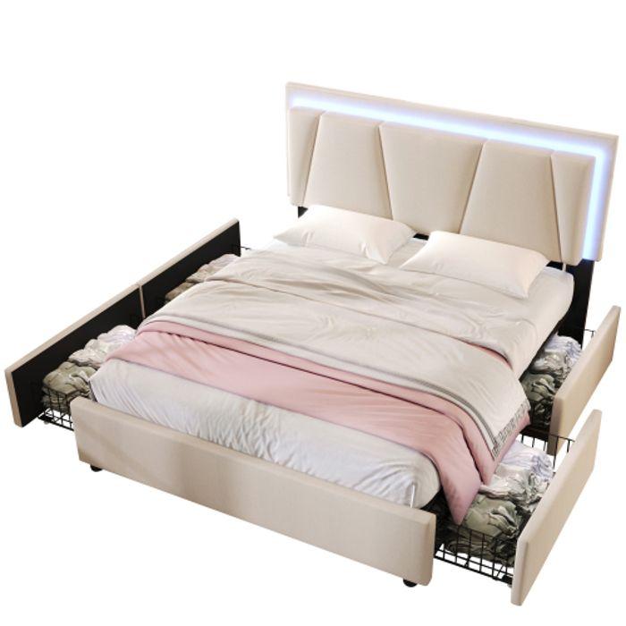 Lit Rembourré Avec Éclairage LED Et 4 Tiroirs, Tête De Lit Réglable En Hauteur, Lit Double 140x200 Cm Beige (avec Matelas)