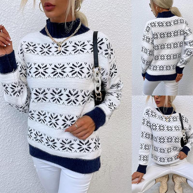 European and American Women's Clothing Autumn and Winter Fashion Christmas Snowflake Pattern Semi-turtleneck Sweater Knitted Sweater Top