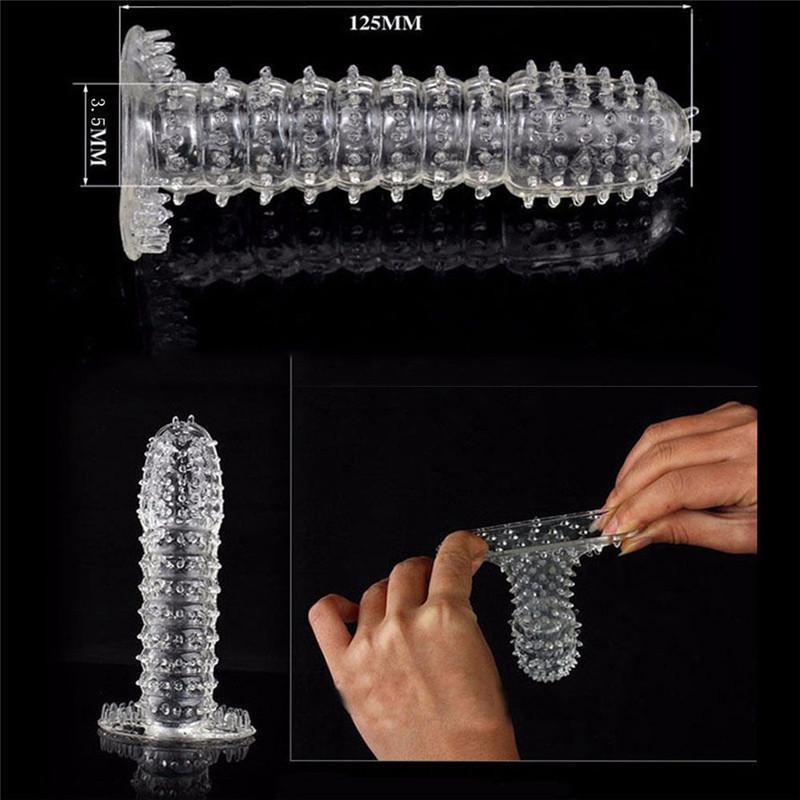 Giocattolo sexy per adulti con punte in silicone di cristallo punteggiato a costine trasparente riutilizzabile per preservativo per massaggio del pene