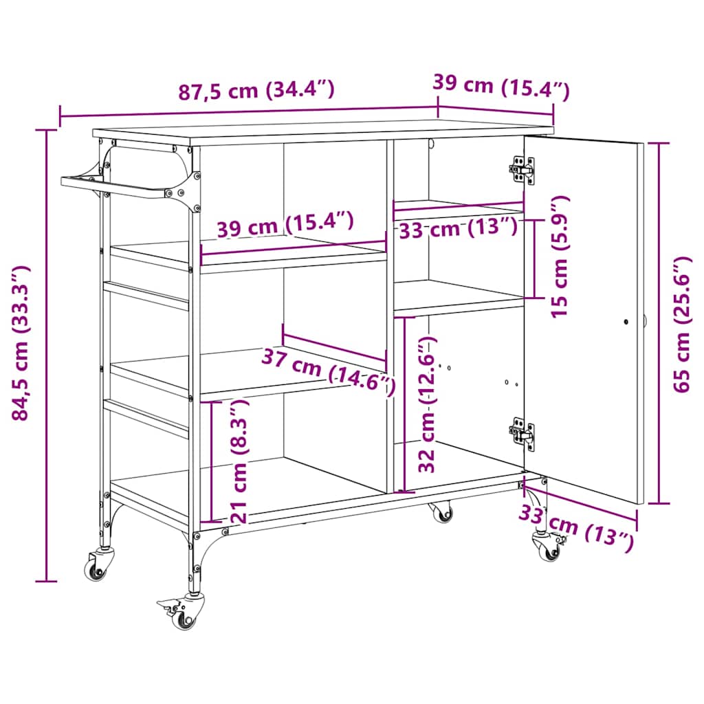 Kitchen Trolley Black Oak Effect 87.5 X 39 X 84.5 Cm