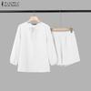 ZANZEA Women Long Sleeve Blouse and Shorts Summer Two Piece Suit Sets
