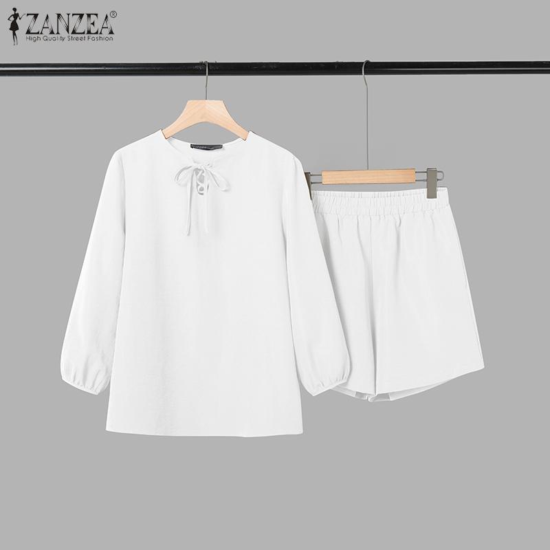 ZANZEA Women Long Sleeve Blouse and Shorts Summer Two Piece Suit Sets