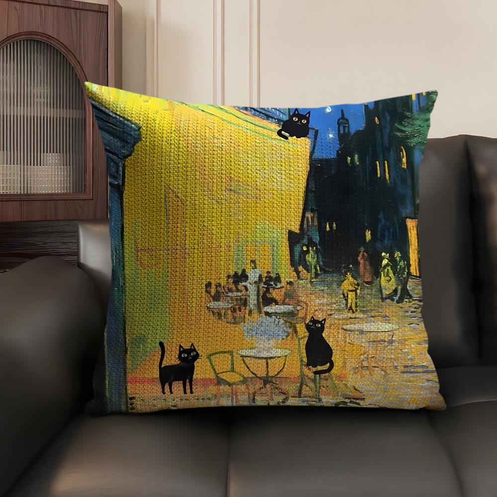 Black Cat Oil Painting Cushion Cover Summer Breathable Linen Organic Fabric Double-Sided Printing Sofa Pillow Case Home Decor