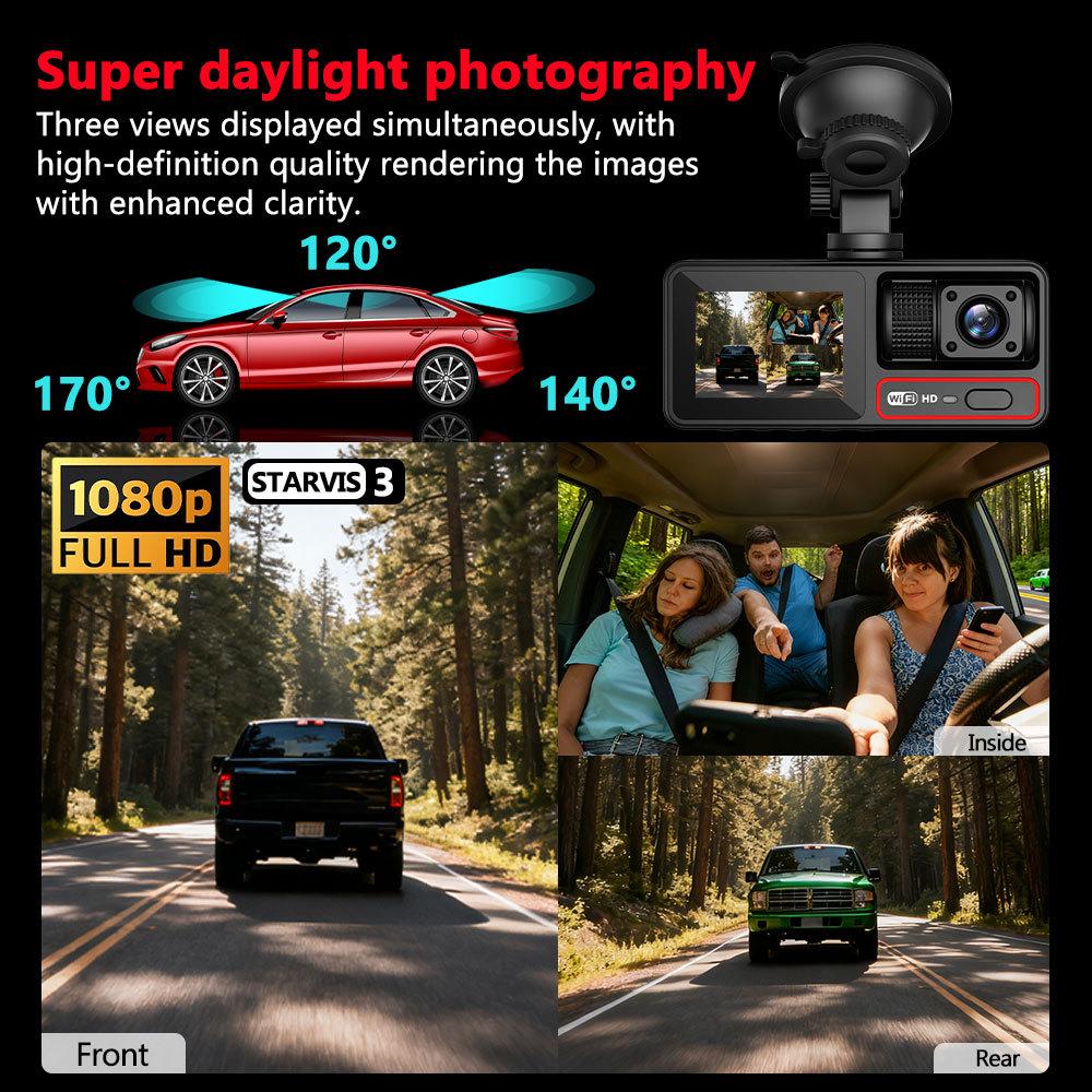 1080P HD Triple-Lens Dash Cam with WiFi and Night Vision