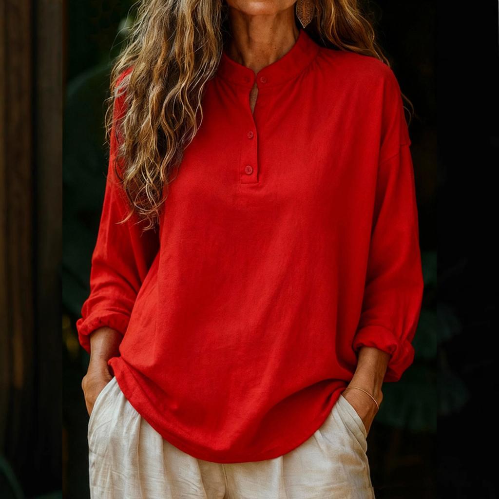 Dámské módní a ležérní volné jednobarevné top s dlouhým rukávem, kulatým výstřihem a zapínáním na knoflíky
