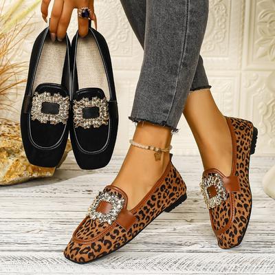 Γυναικεία Φλατ Παπούτσια Flyknit με Λεοπάρ Σχέδιο και Φαρδύ Πλάτος - Μπαλαρίνες Slip-On με Τετράγωνο Toe και Κρυστάλλινη Διακόσμηση, Δροσερά Καθημερινά Παπούτσια για το Φθινόπωρο