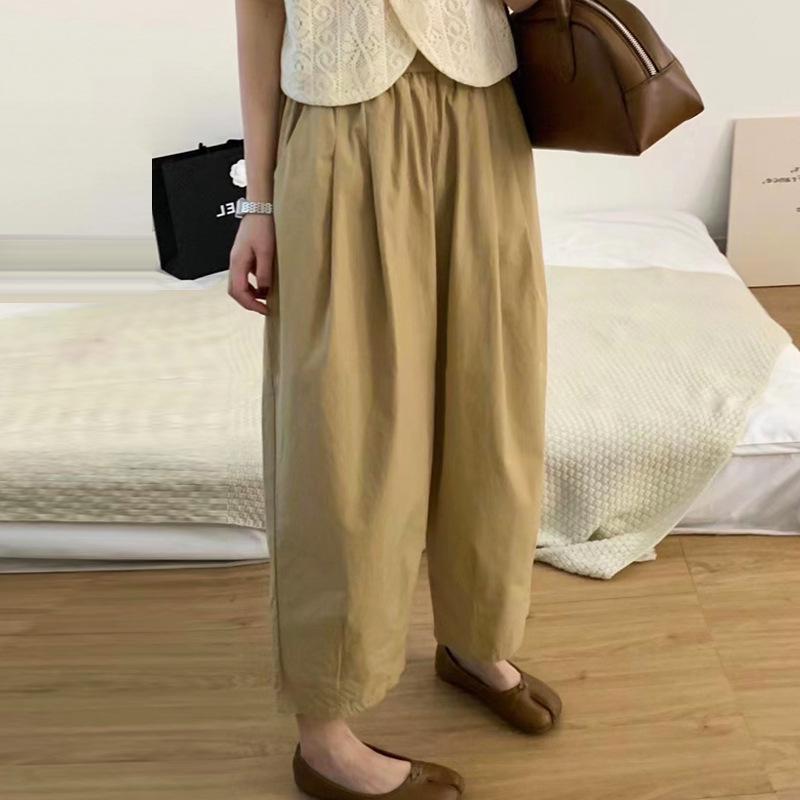 Cotton UL Japanese Style Women's Wide Leg Carrot Pants with Elastic Waist, Petite Loose Fit, Suitable for Spring, Summer, and Autumn.