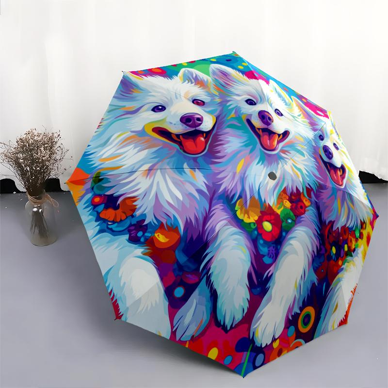 Colorful Samoyed Pattern, Automatic Folding Umbrella, Portable and Foldable Design, 8 Ribs, a Christmas or Birthday Gift.
