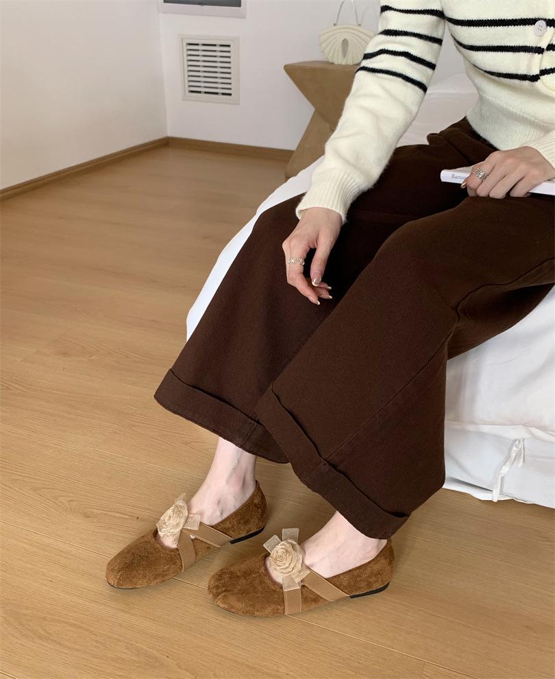 French Camellia Mary Jane Shoes Women's 2025 Spring and Autumn New Cross Flat Inner Height Increase Ballet Shallow Mouth Single Shoes