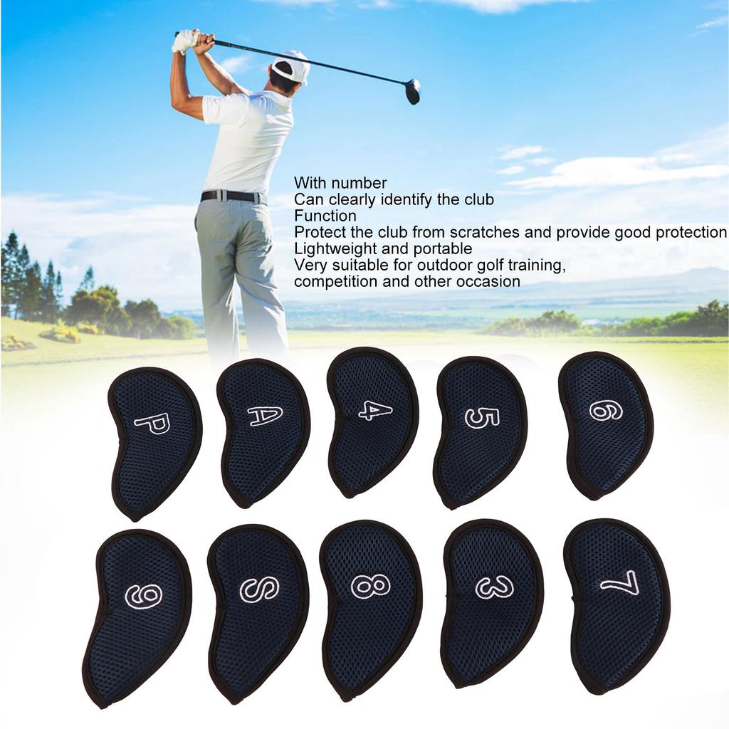 10pcs Golf Iron Covers Set with Numbers Waterproof Golf Head Cover Protective Headcover for Court Exercise Dark Blue