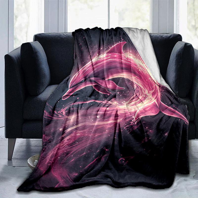 1pc Pink Dolphin Printing Lightweight Flannel Blanket, Comfortable and Warm Blanket, for Camping Sofa Bed and Couch Office, in All Seasons