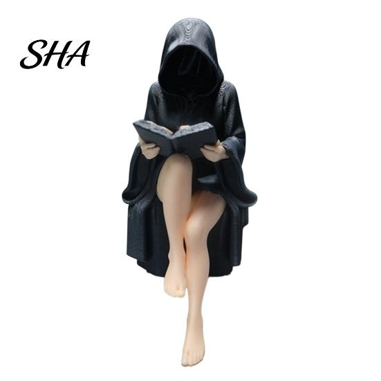 Non-fall Halloween Figure Black Robe Girl Ornament, Dark Style, with Balanced Decor Statue Base Sitting Figurine, Durable PLA Detailed Texture A