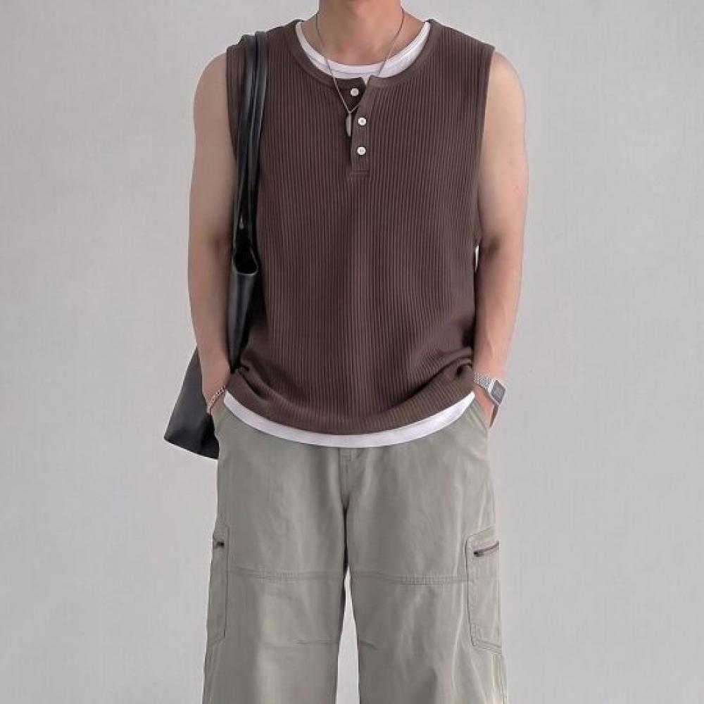Onl Layered Henley Neck Tank Top Ribbed
