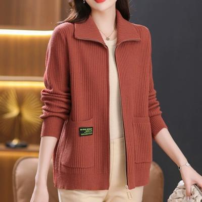 New Coat Women's Loose Sweater Shawl Lapel Knitted Zipper Cardigan with Spring and Autumn Large Size Thick