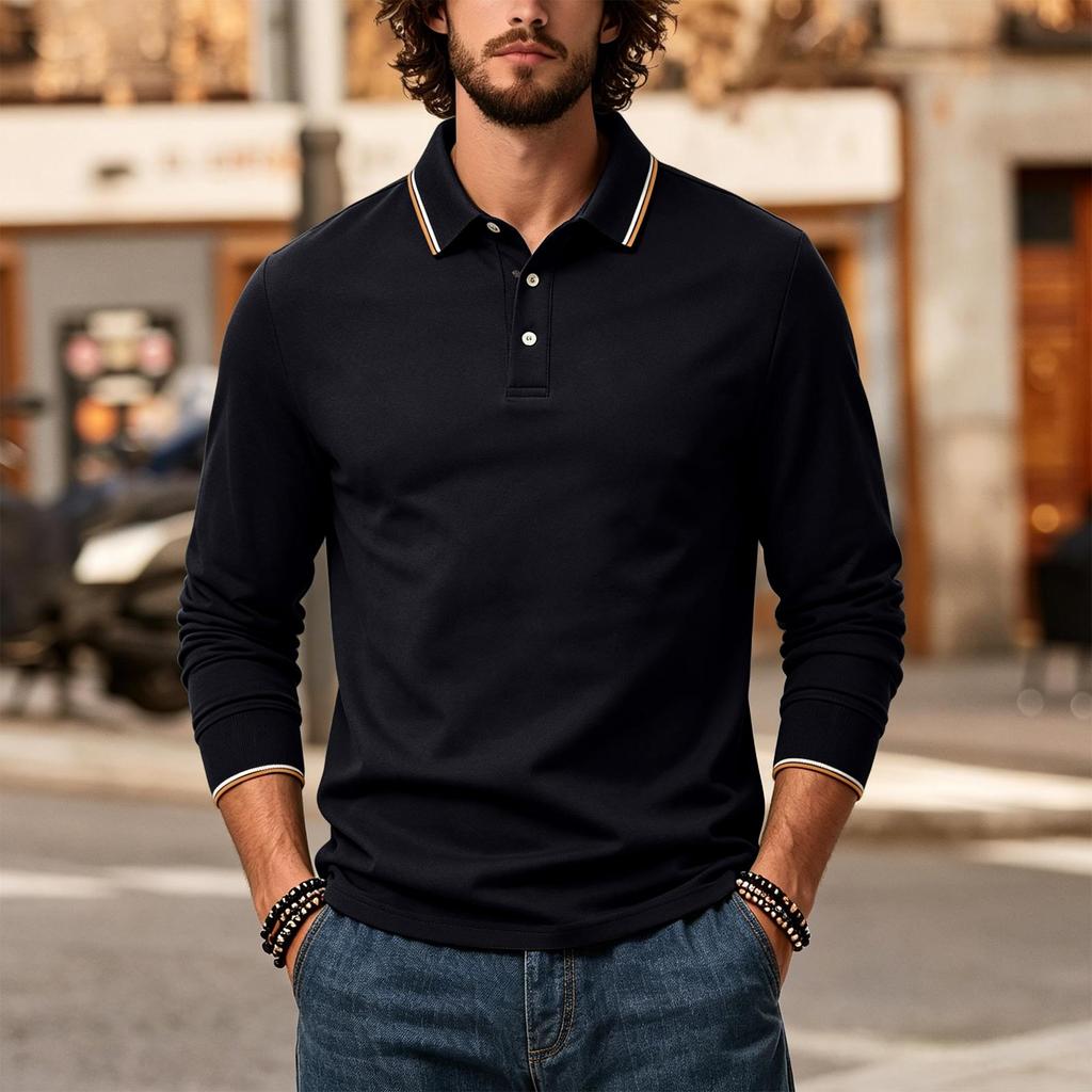 Men's Long Sleeve Polo Shirt Classic Solid Color Button Down Collar Slim Fit Casual Top for Everyday Wear Comfortable Fabric