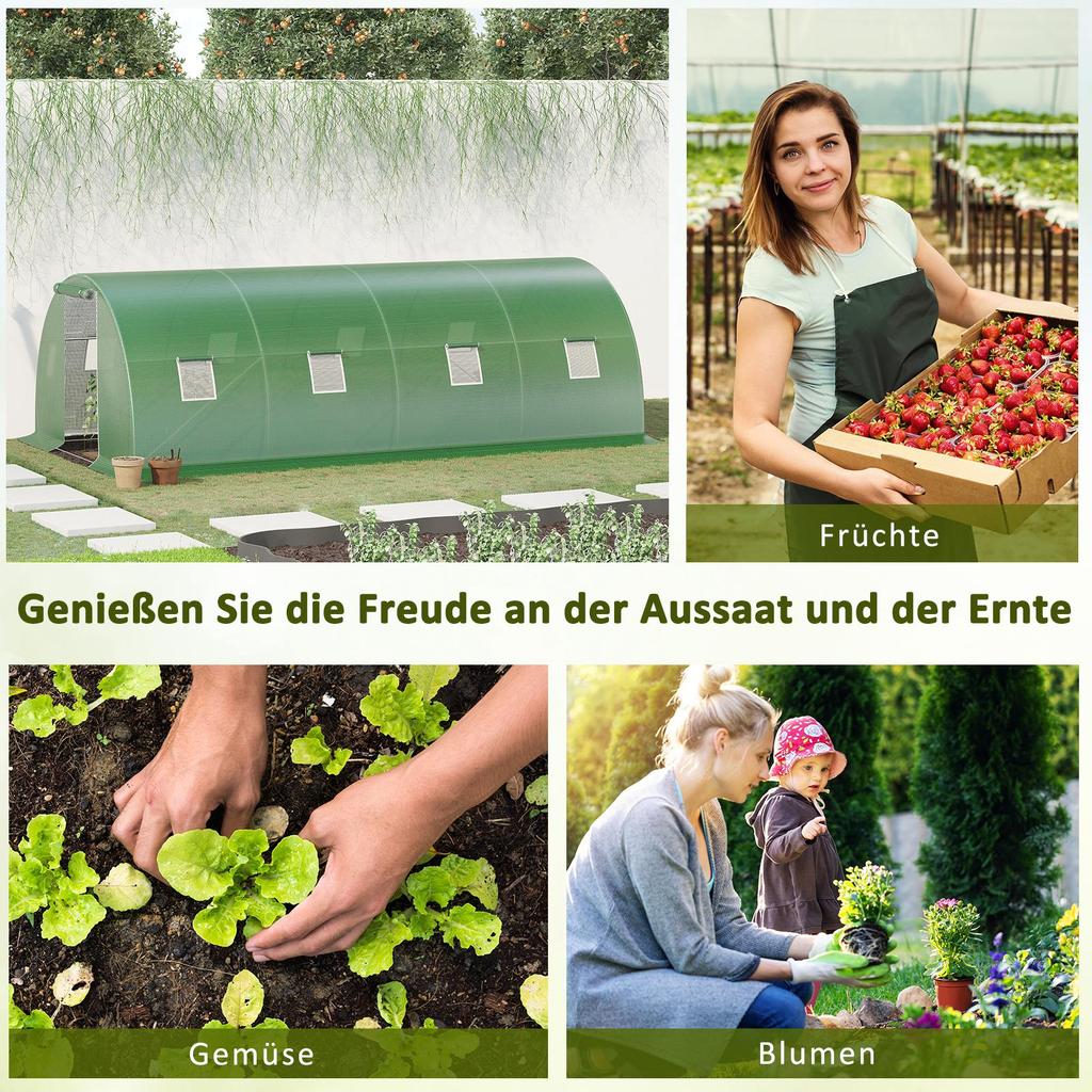 Walk-in Polytunnel Greenhouse. 8 Windows with Insect Netting. Durable Film. Steel Frame. 6 X 3 X 2 M. Green