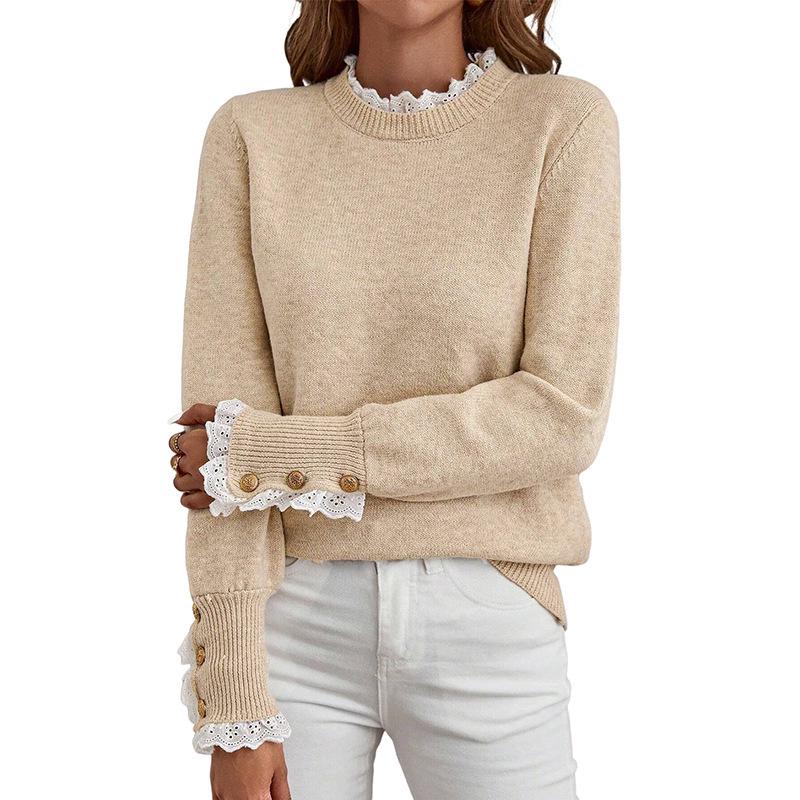 2025 Autumn/Winter Women's Solid Color Pullover Sweater - European & American Fashion, Playful Lace Patchwork, Long Sleeve, Thick Top.