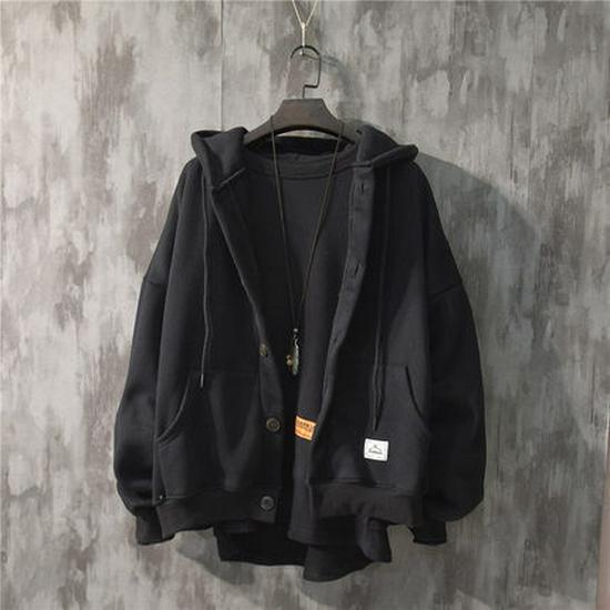 Men's Korean Style Hooded Jacket: Autumn/Winter Loose-Fit, Pocket Label Design, Trendy Button Cardigan Sweatshirt.