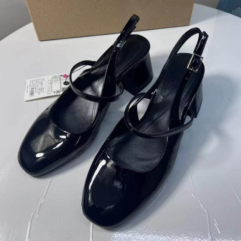 Fashion Chunky High Heels Sandals for Woman Round Toe Patent Leather Summer Slingbacks 2025 Fashion Shallow Ladies Mary Janes Shoes