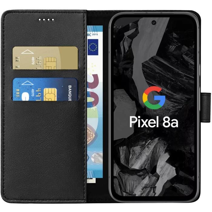 Coque - Phonillico - Google Pixel 8a - Portefeuille Noir - Effet Cuir - Fonction Support