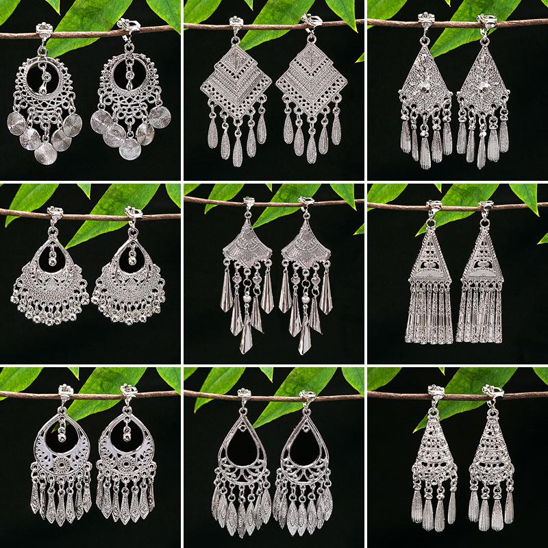 Ethnic Miao Silver Tassel Ear Clip - No-Piercing Retro Metal Earring for Women