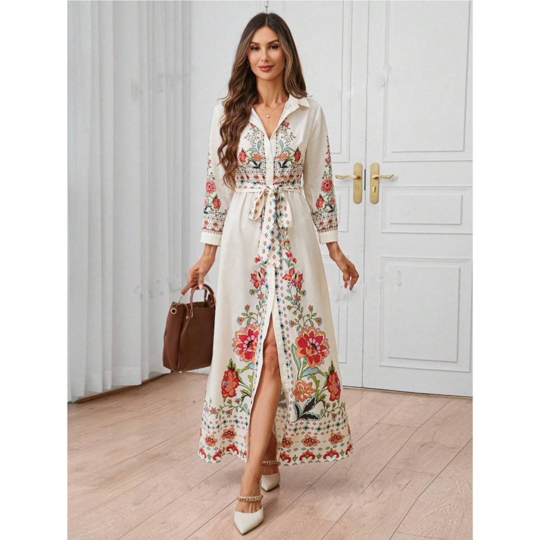 

Женское летнее платье-рубашка с длинным рукавом на пуговицах, повседневное, свободное, с завязкой на талии, с рукавами-фонариками, с цветочным принтом, макси-платья для женщин XL