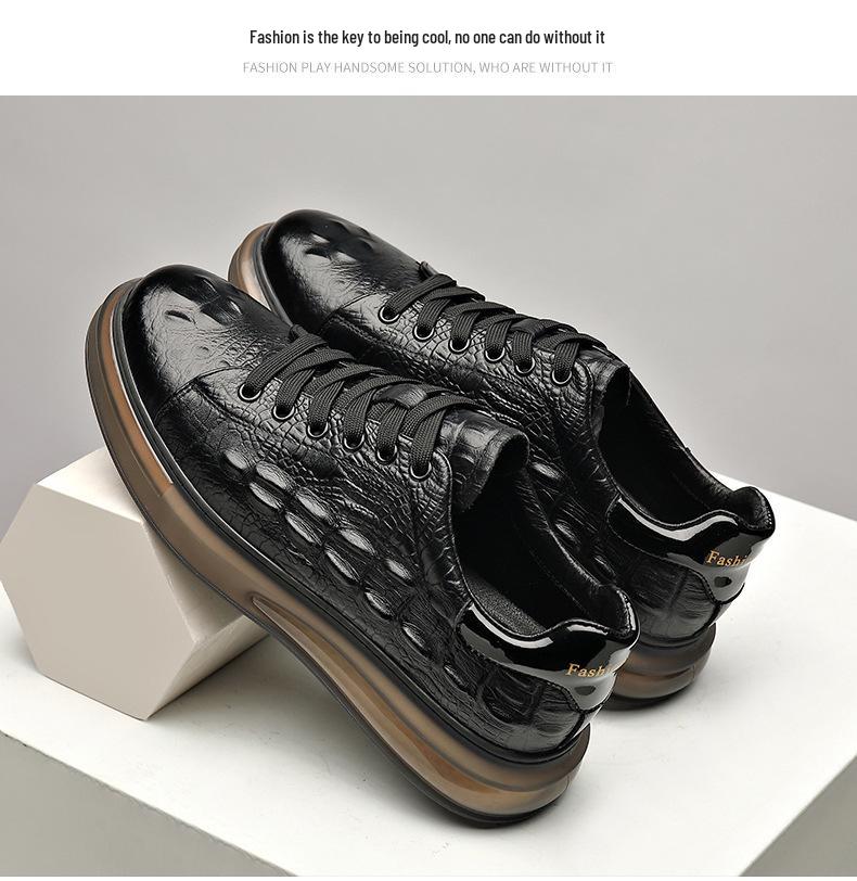 European Men's White Lace-up Shoes: Embossed Cowhide Crocodile Pattern, Comfortable, Versatile Thick Sole, Trendy Casual Design.