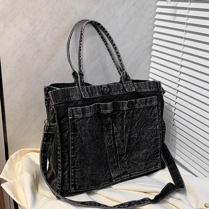 Velkokapacitní džínová crossbody taška na zip, jednobarevná, všestranná, módní, měkká, jednoduchá, trendy, taška přes rameno