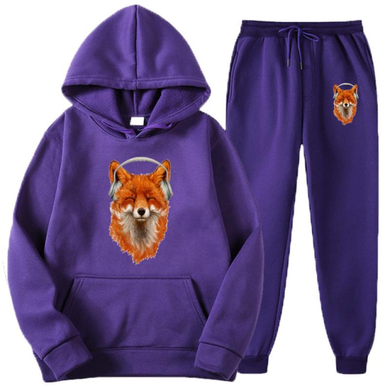 Cute Smiling Musical Fox Print Men Women Tracksuit Sets Casual Hoodie+Pants 2pcs Sets Oversized Pullover Fashion Unisex Clothing