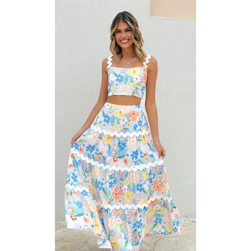 

European and American Fashion Lace Sling + Skirt Two-piece Set Flower color S