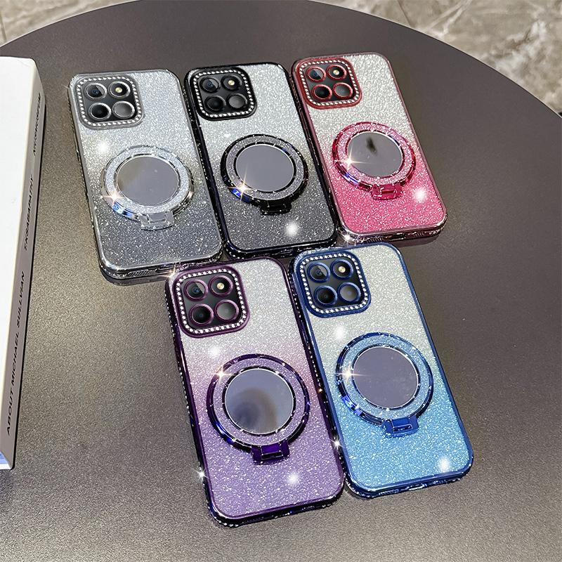 Diamond Glitter Magsafe Mirror Magnetic Holder Case For Huawei Honor X9A X9B X50i X9C X60 Pro X8A X8B X7B X7C X8 5G Soft Cover