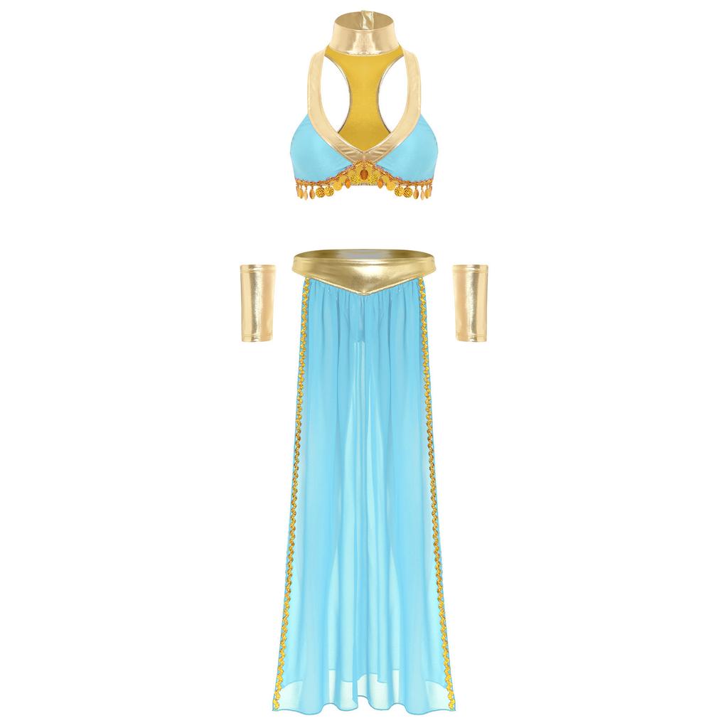 Womens Ancient Egyptian Queen Cosplay Outfit Crop Top Collar Sleeves Side Slit Chiffon Skirt 4 Piece Set