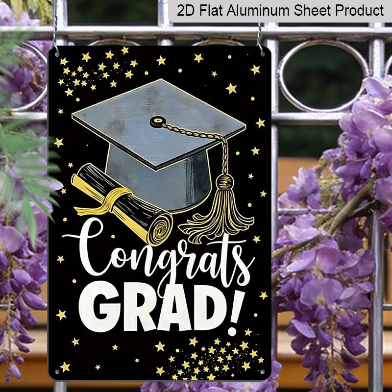 2D Flach, 1 Stück "Herzlichen Glückwunsch zum Abschluss!"""Metall-Wandkunstschild mit Abschlusskappe & Diplom - 8*12 Zoll Aluminium Schwarz & Gold Abschlussdeko, Sterne-Thema"""