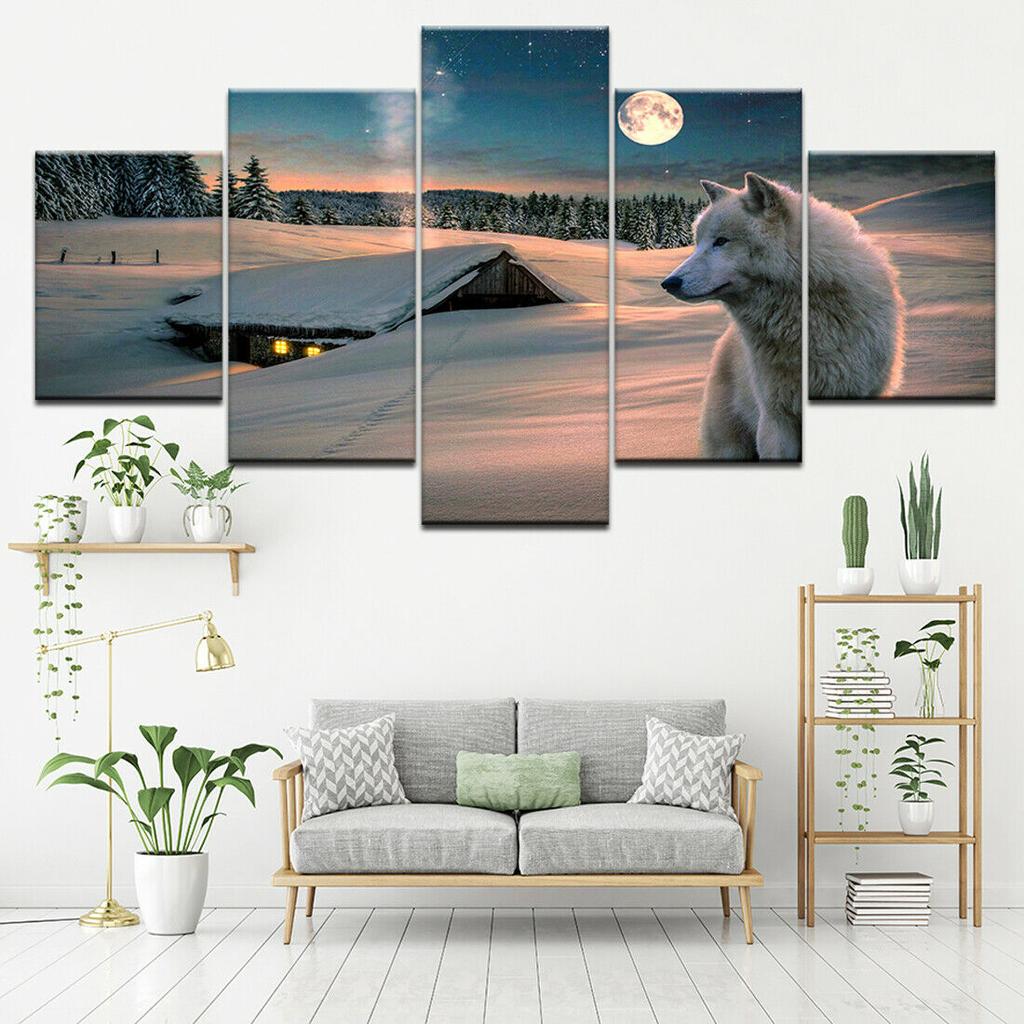 White Wolf in Winter Night 5 Piece No Framed Canvas Picture Print Wall Art Canvas Painting Wall Decor for Living Room No Frame
