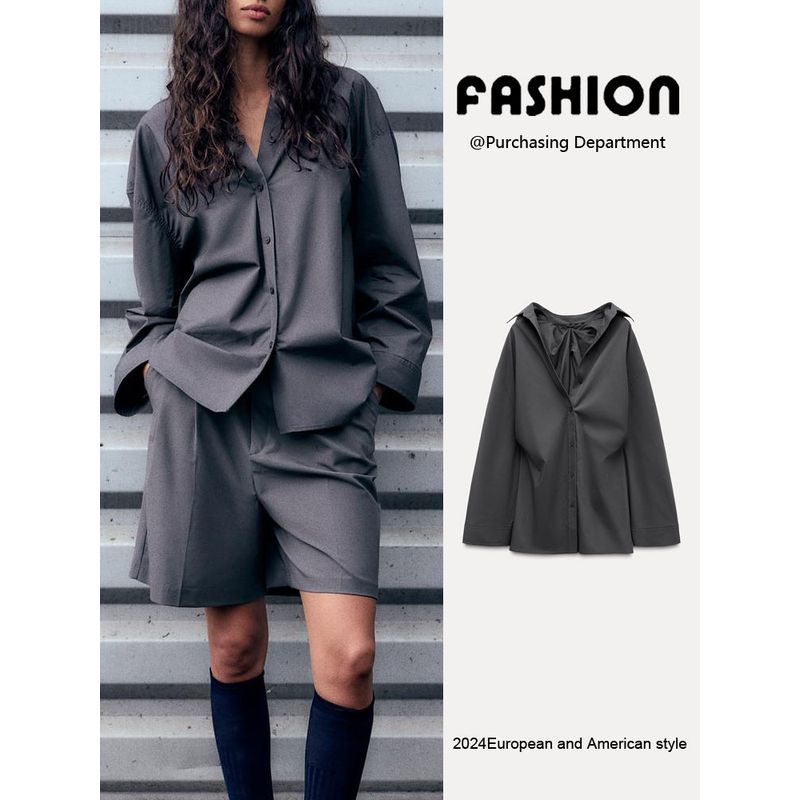 Za2025 Spring New Women's Clothing Fashion Single-Breasted Back Pleated Loose Long Sleeves Lapel Shirt 3067118