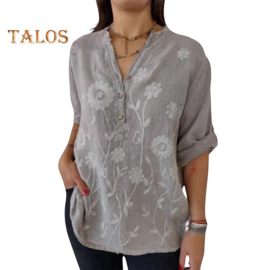 

Женская рубашка с V-образным вырезом, декором на пуговицах, коротким рукавом, свободным кроем, повседневная рубашка с цветочным принтом, удобные универсальные топы XXXL серый