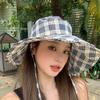 Korean Plaid Bucket Hat for Women Summer Sunshade Fisherman Cap Outdoor Beach Large Brim Panama Sun Hats