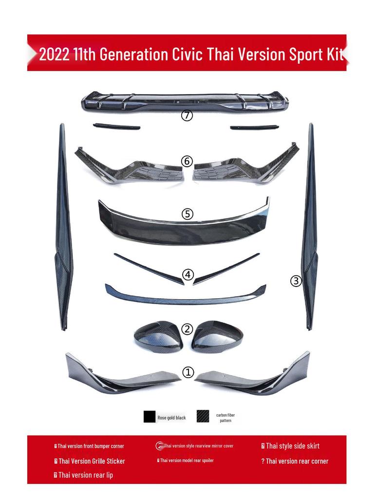 2022 11th Gen Civic US Sport Body Kit: Front Lip, Side Skirts, Rear Spoiler & Diffuser.