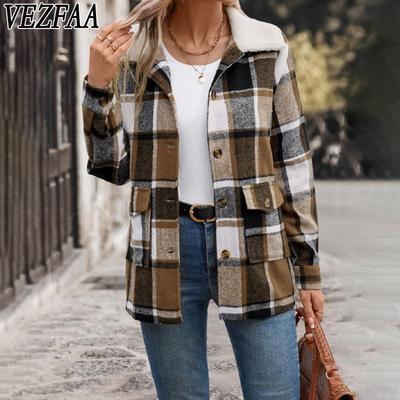 Kadın Modası Rahat Ekose Desen Sonbahar Kış Uzun Kollu POLO Yaka Ceketler ve Montlar