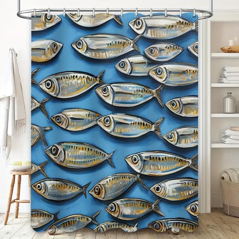 Blue Fish Print Shower Curtain Waterproof Fabric Bathroom Decoration Home Decor