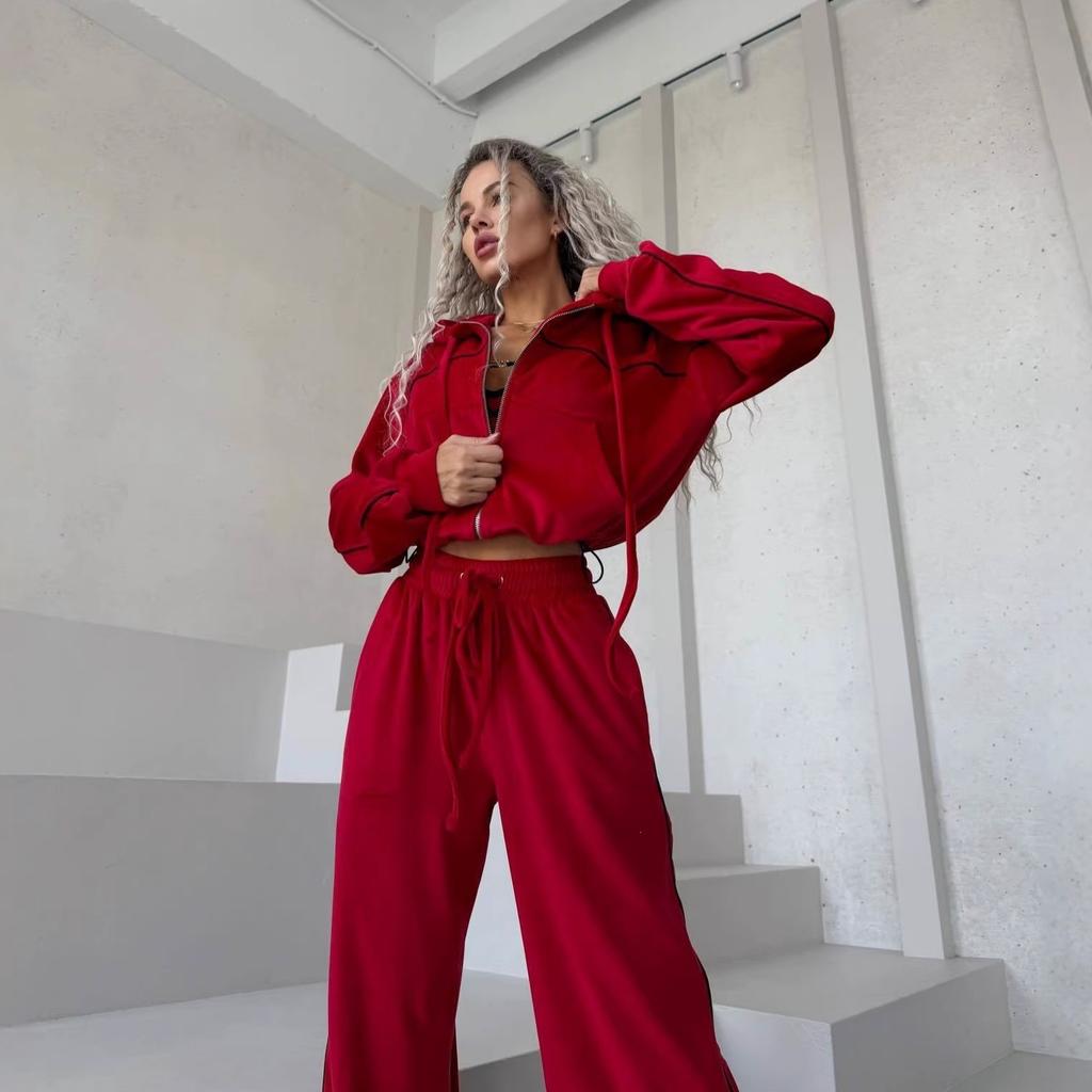 Casual Women's Suit Velvet Color Matching Lines Pocket Long-sleeved Cardigan Jacket Trousers Two-piece Set