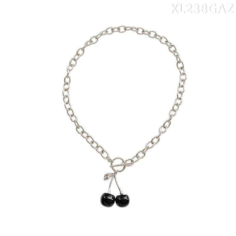 Women's Hip Hop Style Black Cherry Titanium Steel Clavicle Necklace - Versatile and Cool Fashion Accessory.