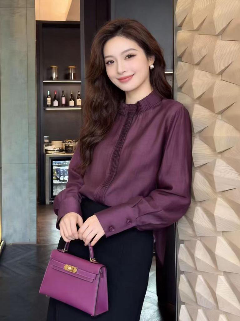 Rongtai Women's 2026 Spring Tencel Glossy Stand Collar Shirt