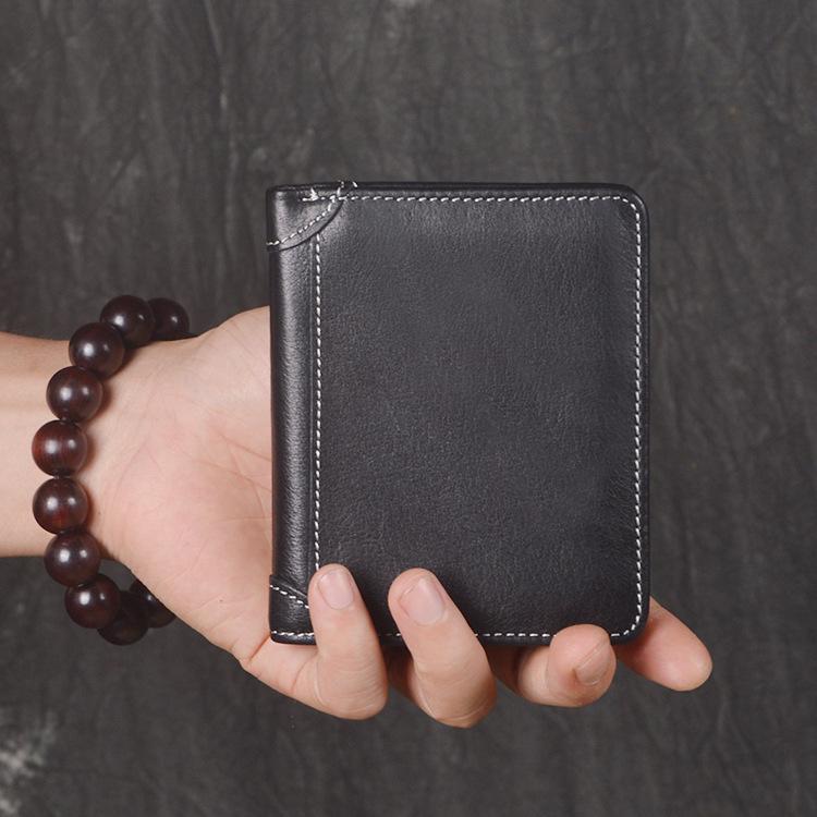 Men S Leather Wallet First Layer Cowhide Wallet Oil Wax Leather Women S Short Rfid Credit Card Bag чёрный