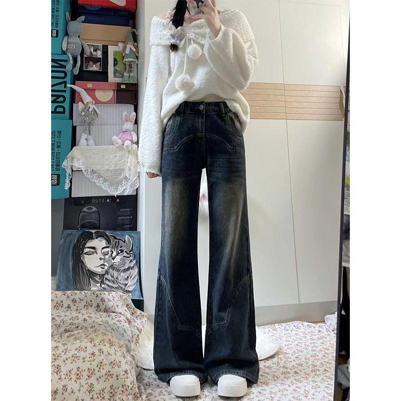 Cement Gray American High Street Retro Straight-Leg Pants Denim Female New Arrival Loose High Waist Wide-Leg Pants Trendy Summer