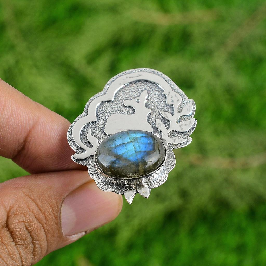 Sterling Silver Natural Labradorite Wedding Bezel Stackable Wife Birthday Ring