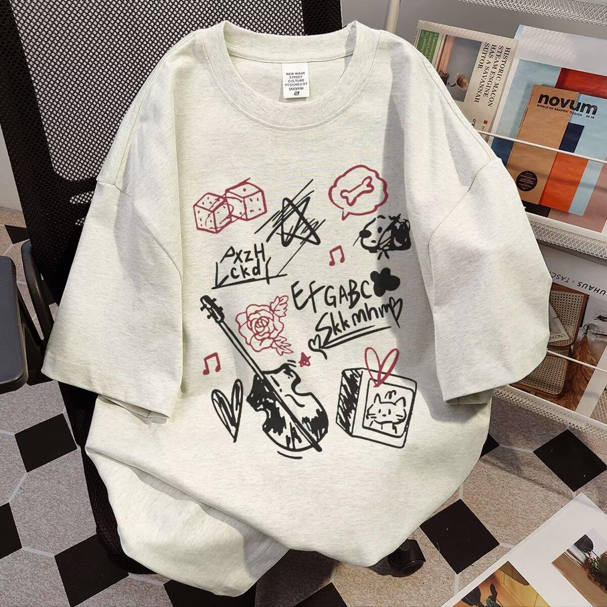 Американская ретро летняя новая футболка с коротким рукавом мужская свободная рубашка корейского стиля для студентов в гонконгском стиле с коротким рукавом M светло-серый 1579₽