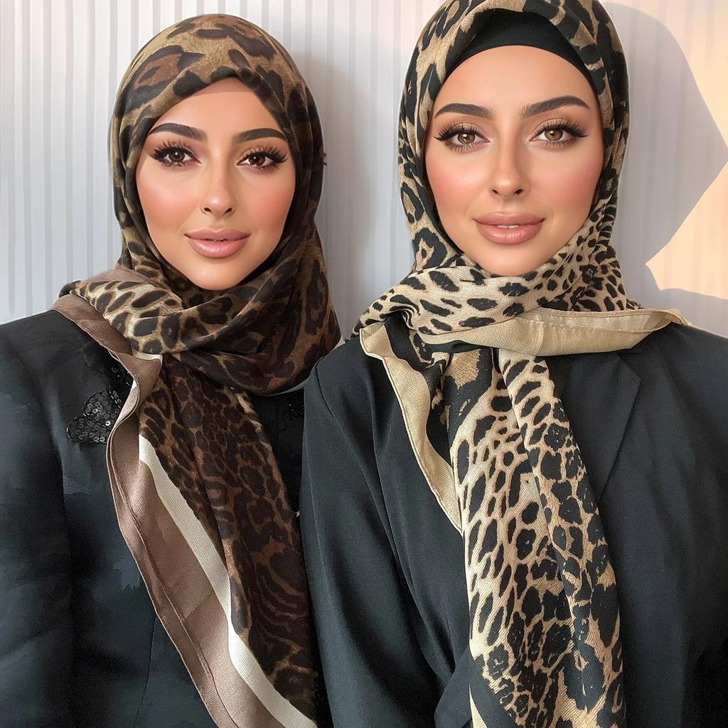 New Design Leopard Print Square Scarf Hijab Voile Large Shawl Hijabs For Women Muslim Fashion Scarf Headwraps Turban Ramadan